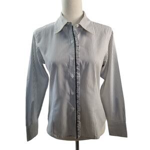 Talbots White Black Stripe Ruffle Button Down Excellent Size 8
